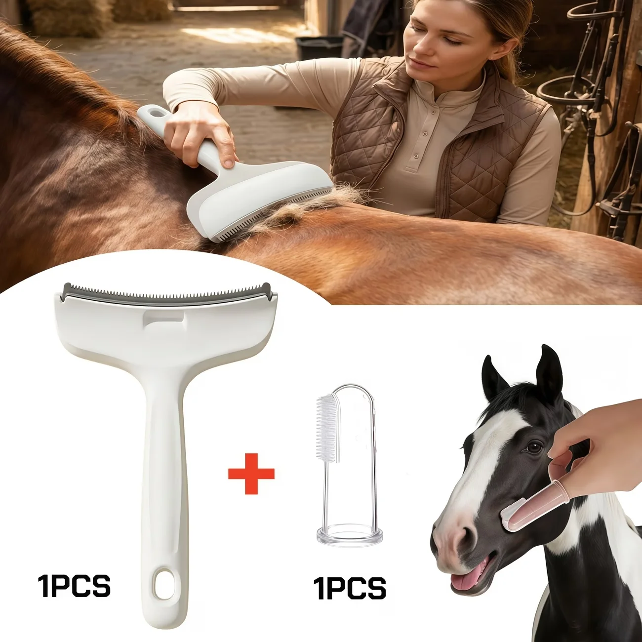 2Pcs Horse Grooming Brush Set Shedding Brush And Finger‑Style Brush For Horses Ponies Heavy‑Duty Winter Coat Care