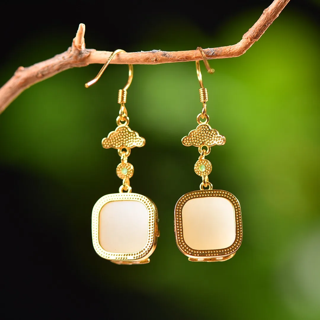 S925 Silver Inlaid Hetian Jade Square White and Green Enamel Earrings