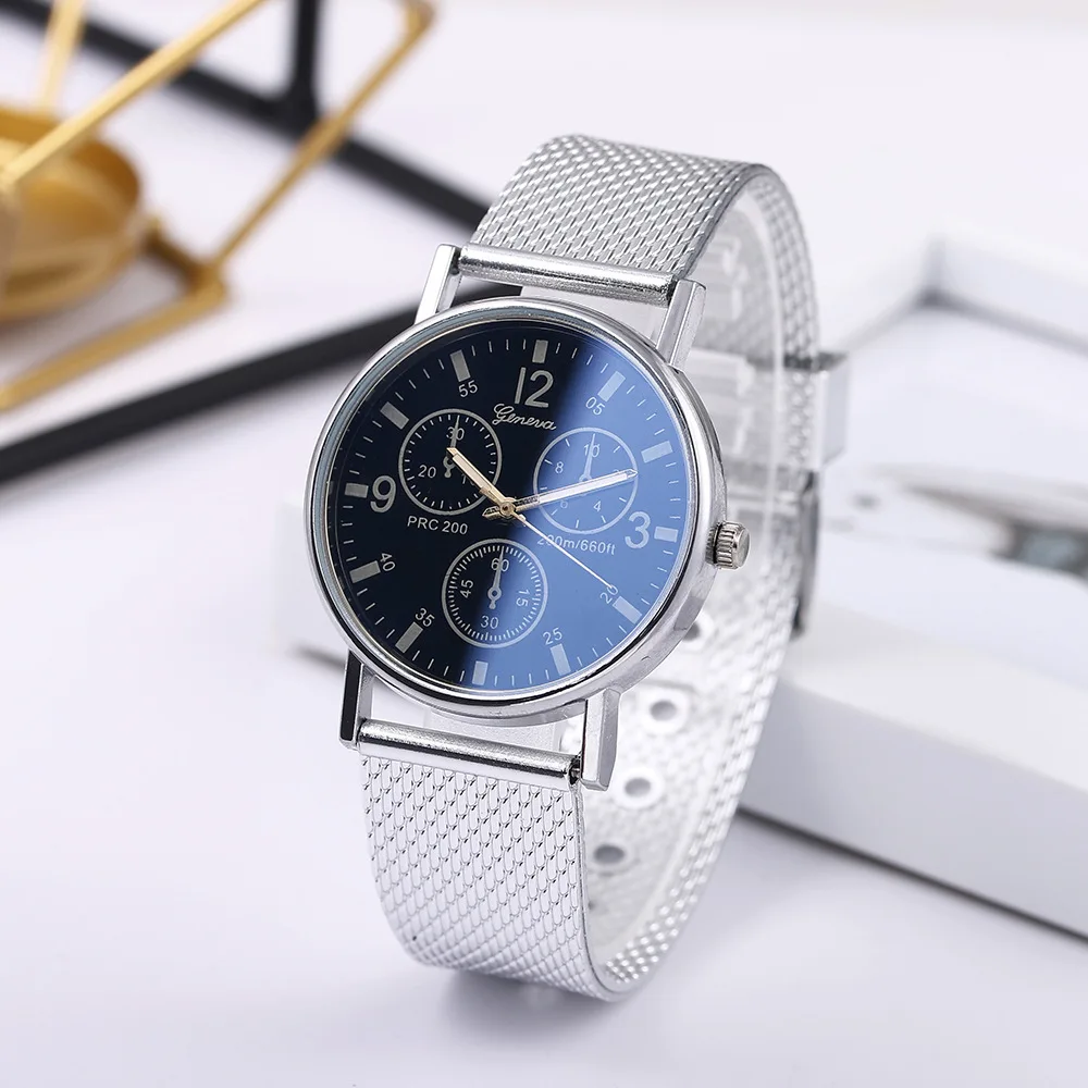 

Men's Quartz Watch Blue Glass Silicone Mesh Strap Business Sport Dial