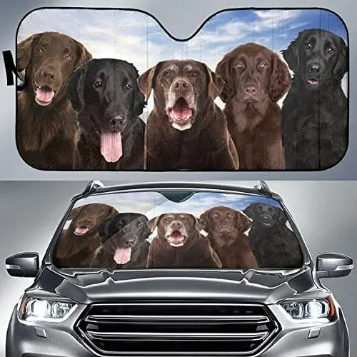 Funny Chocolate and Black Flat-Coated Retriever Family Car Sunshade, Front Window Sun Cover for Flat-Coated Retriever Lover, Car