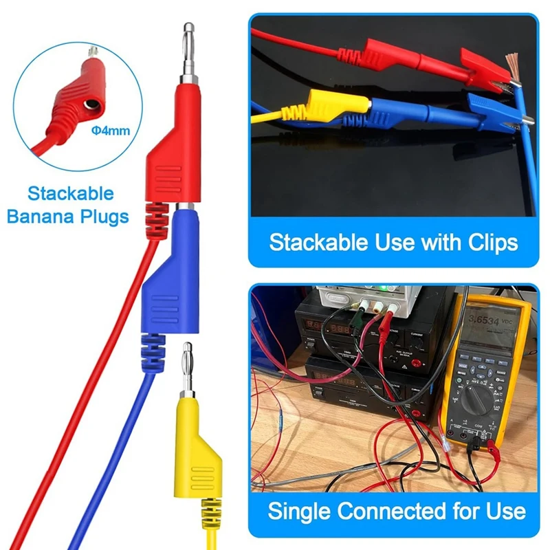 ABPP-4Mm كابل مرن قابل للتكديس من الموز إلى الموز، موصلات اختبار كهربائية مع 10 قطع من مشابك التمساح النحاسية الواقية