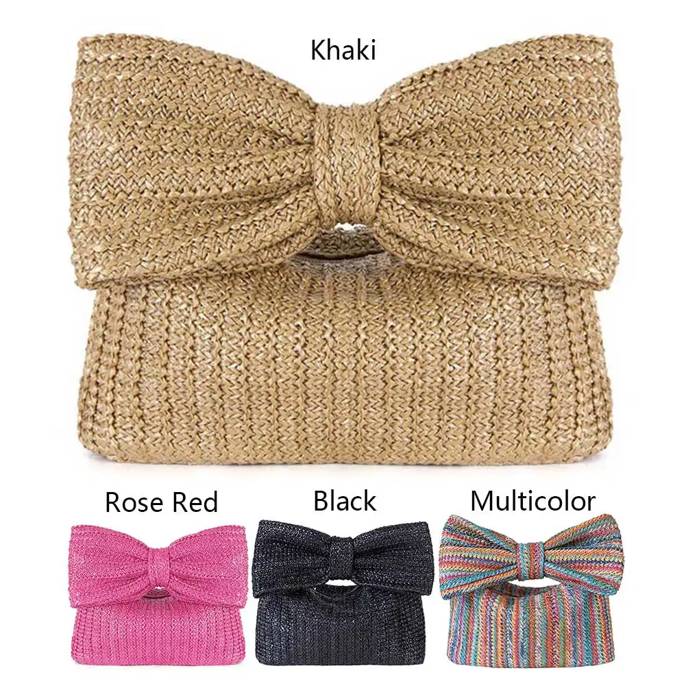 Women Straw Evening Bag Zipper Closure with Bow Weaving Clutch Bag Versatile Female Party Wedding Bag