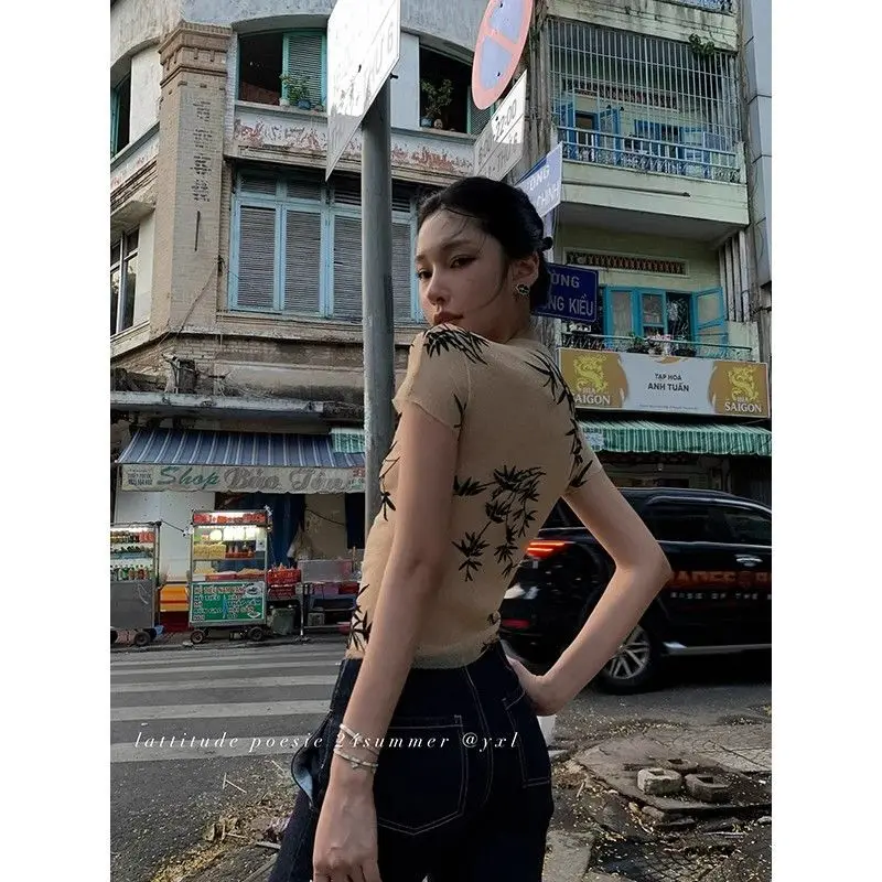Vintage Harajuku Y2k Crop Tops Sexy Slim T-shirt Women Ink Print Short Sleeve Summer Design Mesh Elastic Short Top Streetwear