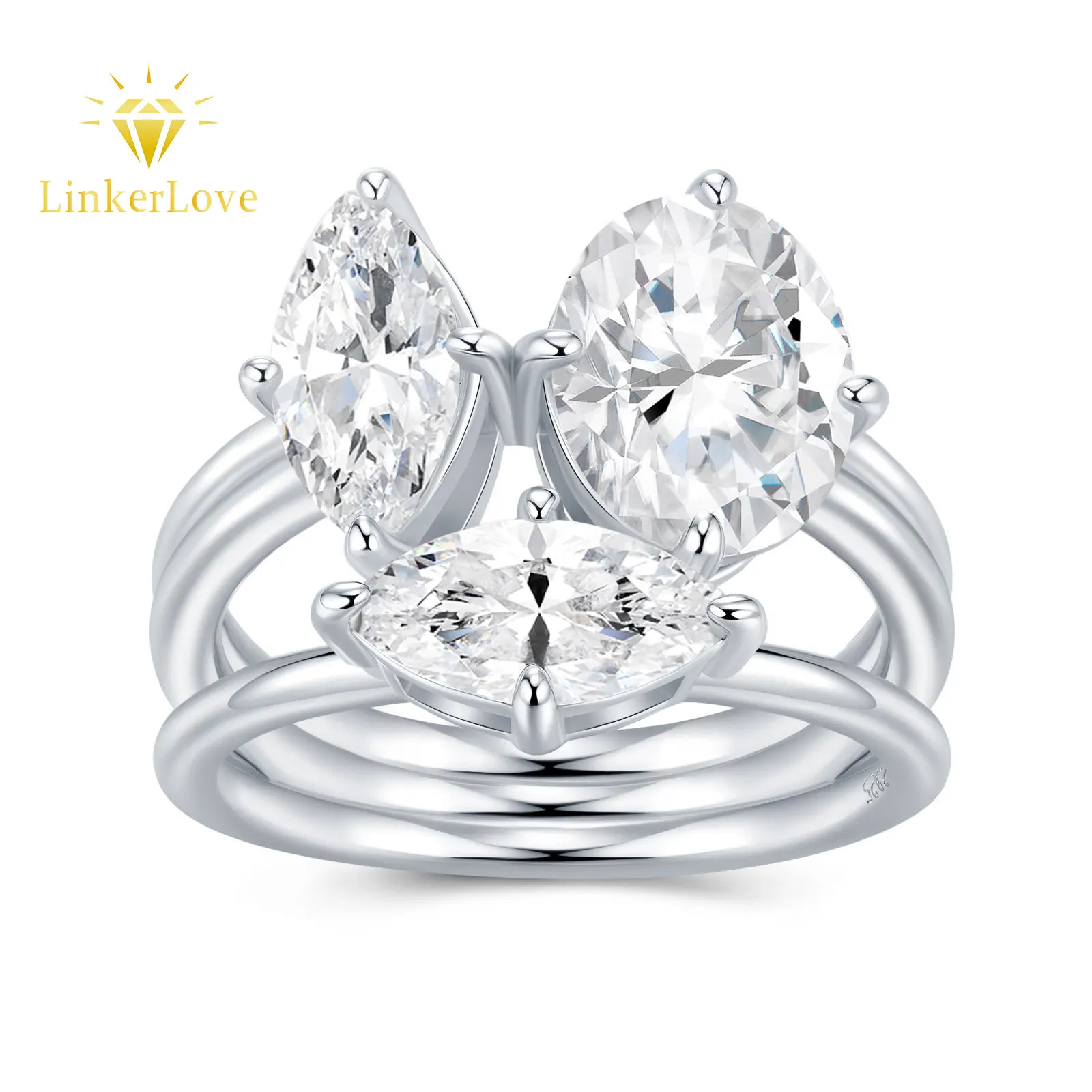 LinkerLove 925 Silver 3 Stones Moissanite Engagement Ring Pear Round Cut Split Shank Diamond Wedding Band for Women Fine Jewelry