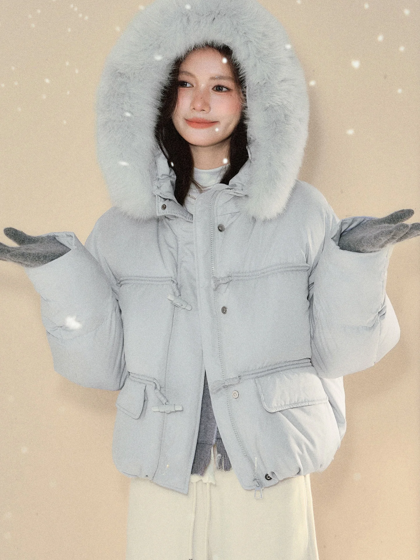 

Warm Blue ort Women's down Jaet Korean Sle Hooded Coat Fluffy Winter Coat Casual Pure Color Faion Ladies' Outerwear