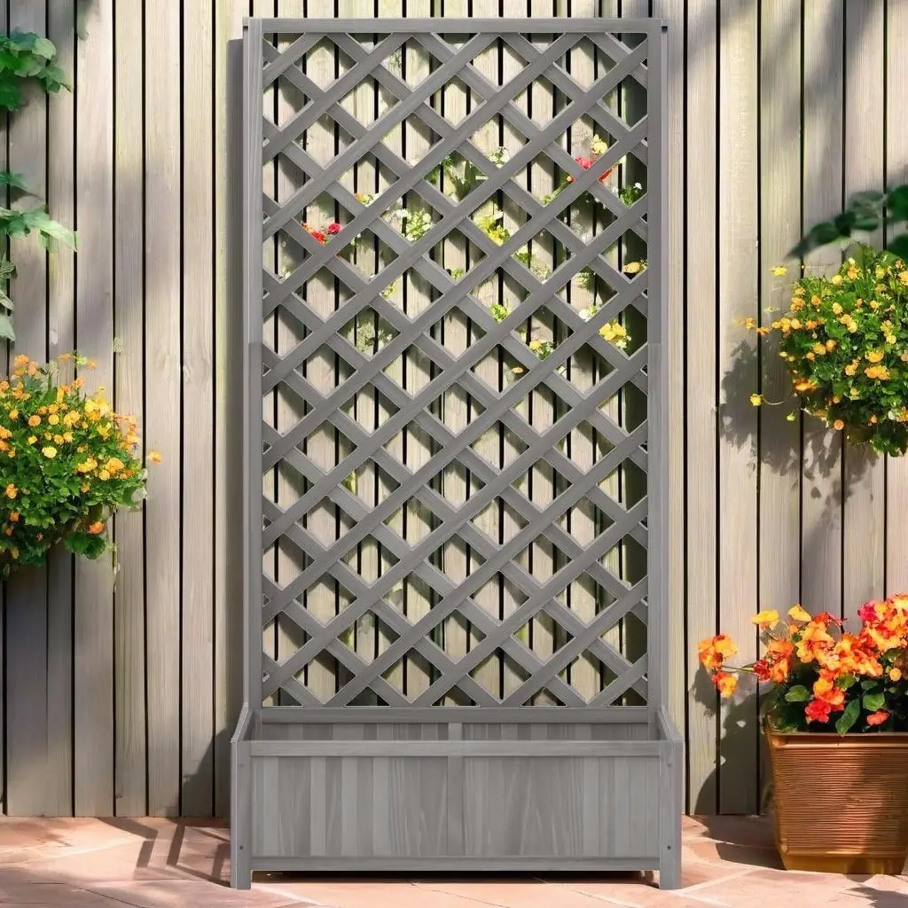 

Planter with Trellis Gray Solid Wood Fir