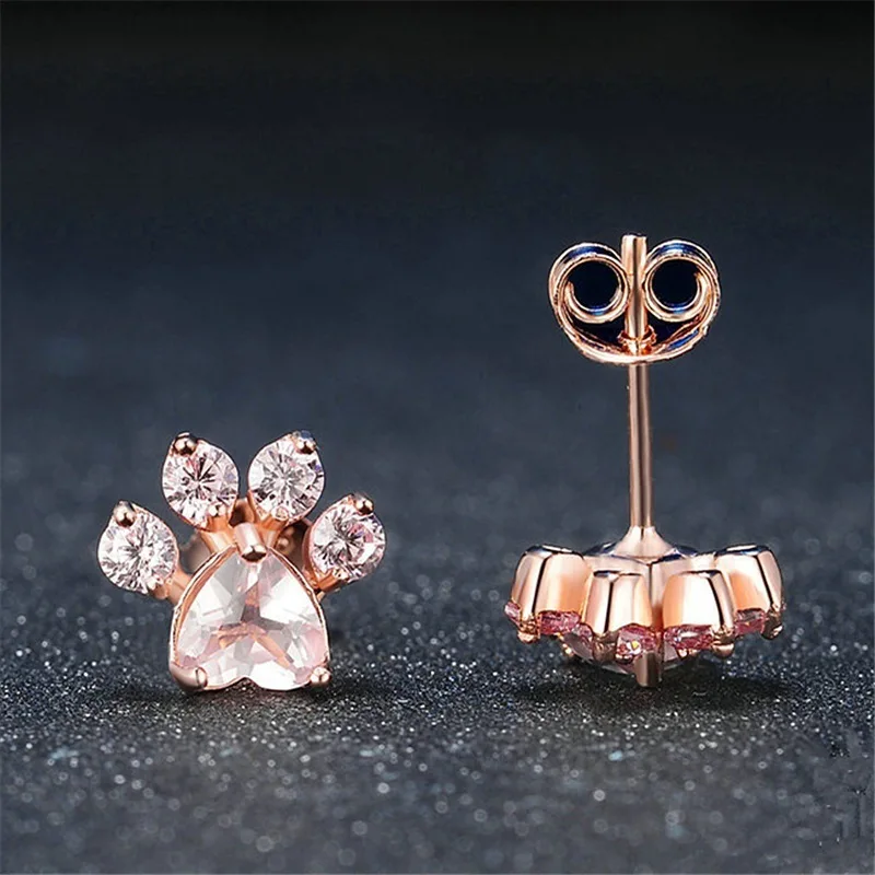 Creative Footprint Pink Crystal Zircon Stud Earrings for Woman Wedding Jewelry Gift Cute Rose Gold Color Small Cat Claw Earrings