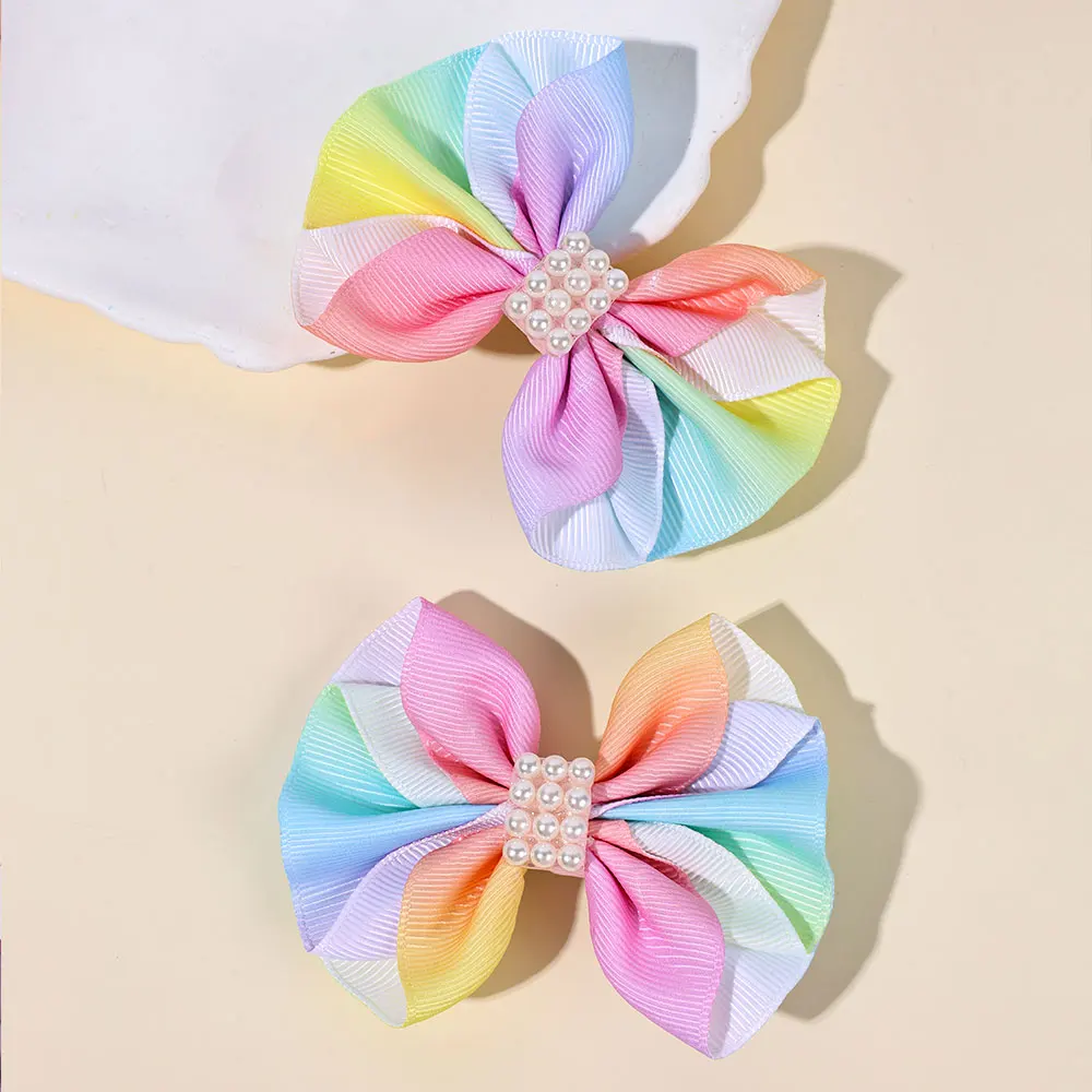 2Pcs Colorful Ribbon Bow Hair Clips Sweet Pearl Hairpins Barrettes Delicate Hairgrips Children Headwear Kids Hair Accessories