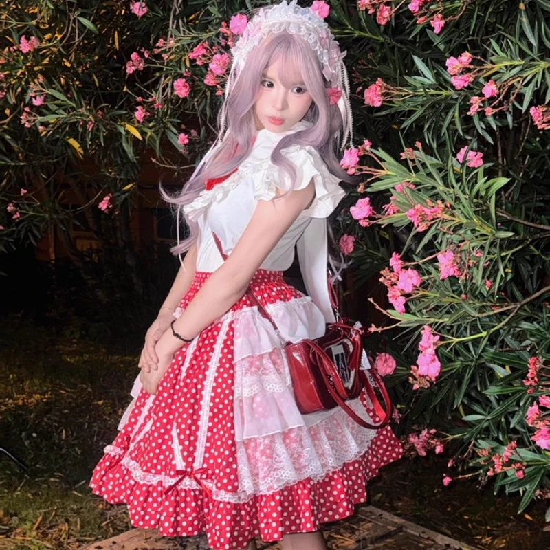 Jupe gâteau en dentelle à pois rouge pour femmes, Design Original, mignonne, rétro japonais, nouvelle collection douce Lolita, jupes courtes bouffantes pour dames