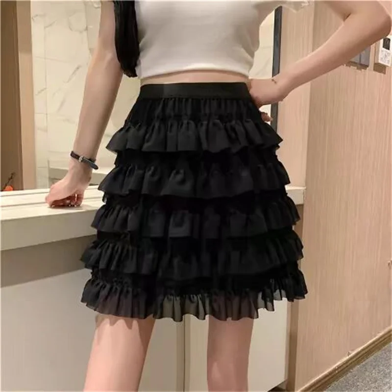 

Women Skirt Mini Summer White Black Casual Chiffon Skirt A-line High Waist Short Cake Skirt Puffy faldas femme jupes