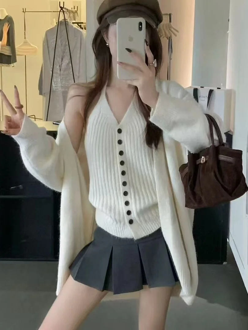 

Женский вязаный открытый кардиган, пальто на одной пуговице, свисающий вязаный ремень, осенний комплект одежды, универсальный комплект Sle Quali Crtsma...