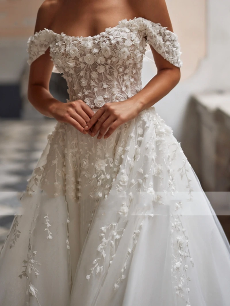 Vestidos De Novia elegantes Línea A, Vestidos De Novia De tul, Apliques De encaje con hombros descubiertos, Vestidos Vintage De Novia personalizados