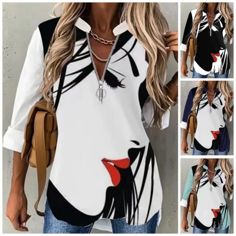 

2024Fashion new Avatar print zipped stand collar long sleeve fashion casual shirt for women