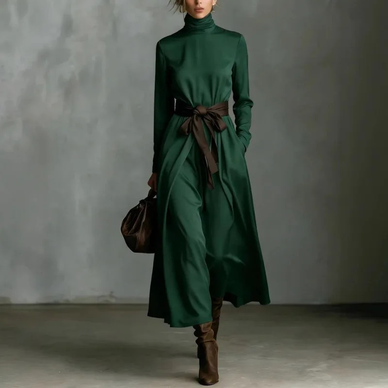 الخريف أنيقة عالية الياقة بلون طويلة الأكمام ألف خط فساتين كبيرة النساء مزاجه عطلة فستان طويل شيك ثوب مسائي