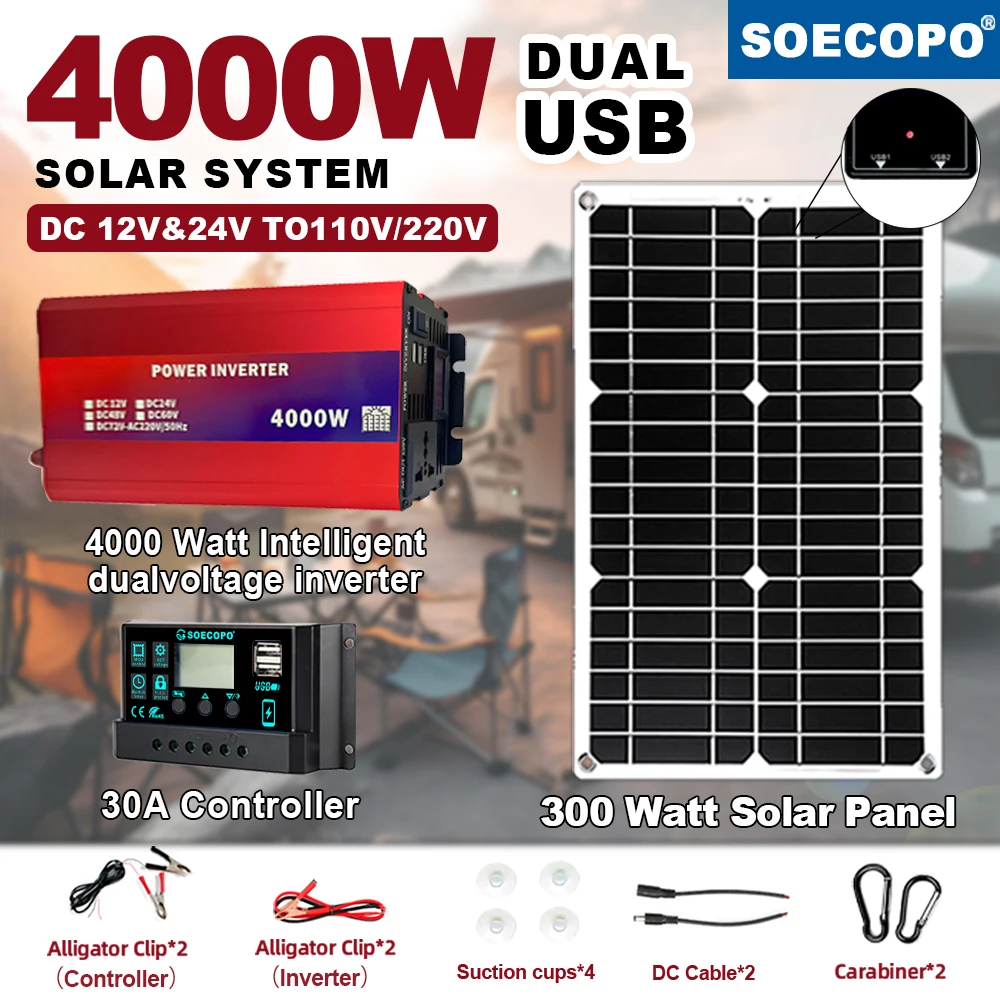 4000W Solar Kit Dual Voltage 4000W Inverter LCD Dual Outlets DC 12V24V to AC220V 300W Solar Panel 30A Controller Home Camping RV