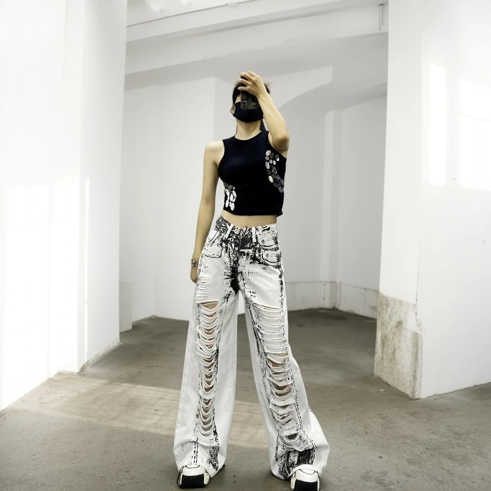 

Women Casual Vintage Pants Summer New Collection Floral Print Ripped Holes White Wide Leg Denim Pants Women Fashion Long Pants