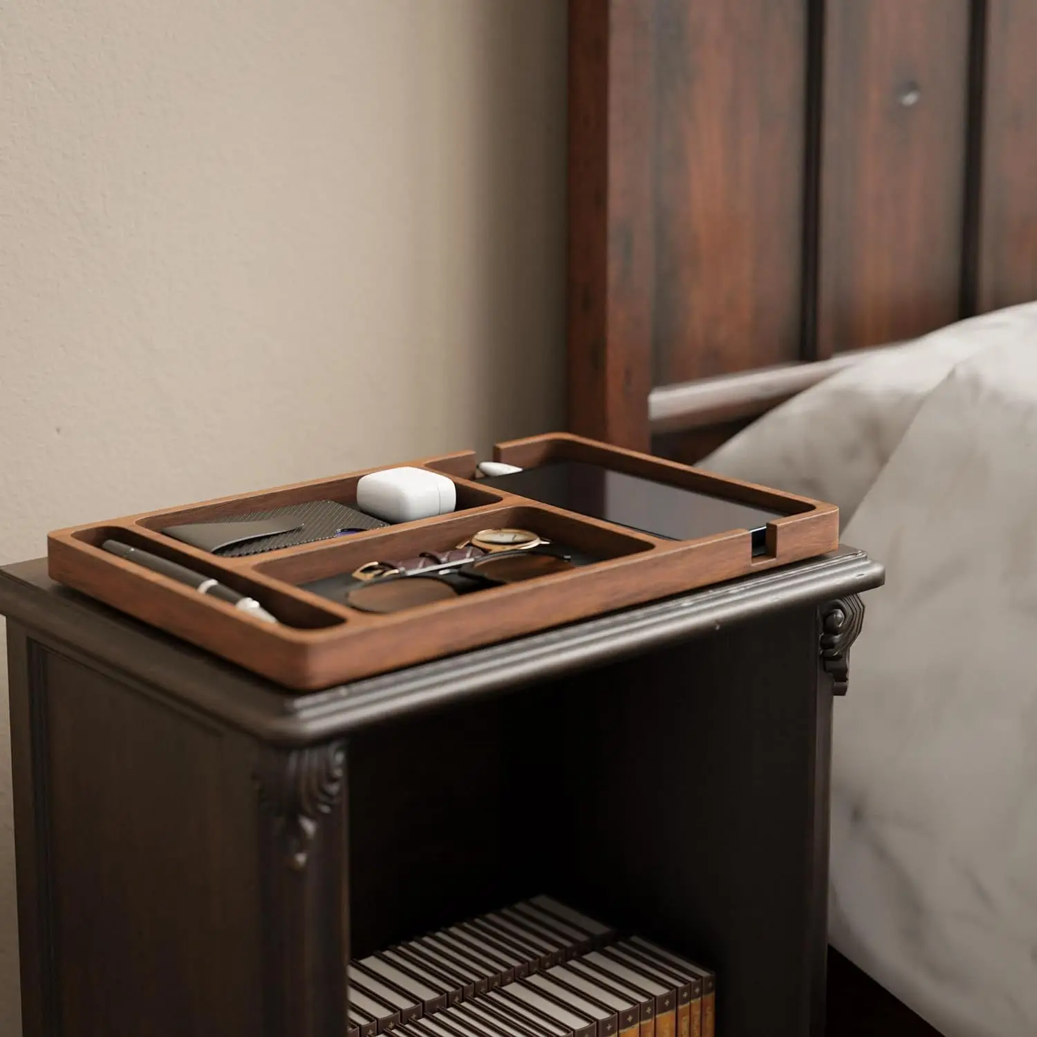 Wooden office desktop storage box Solid wood partition glasses storage box Mobile phone headphones debris storage box