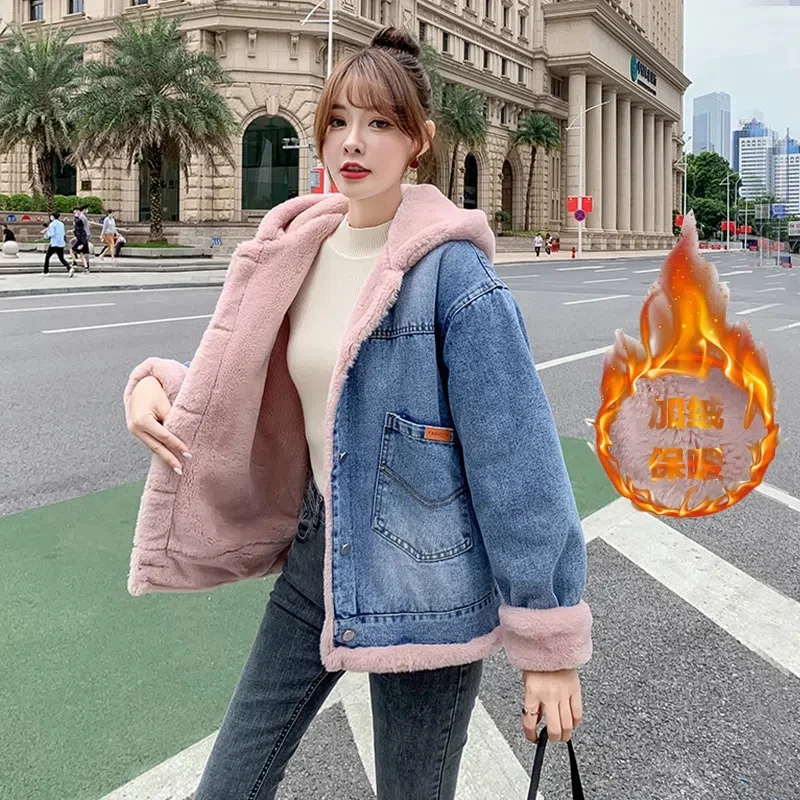 Add Velvet Padded Lambswool Denim Jacket Girl Autumn And Winter Clothes 2024 New Junior High School Students Loose Cotton Coat