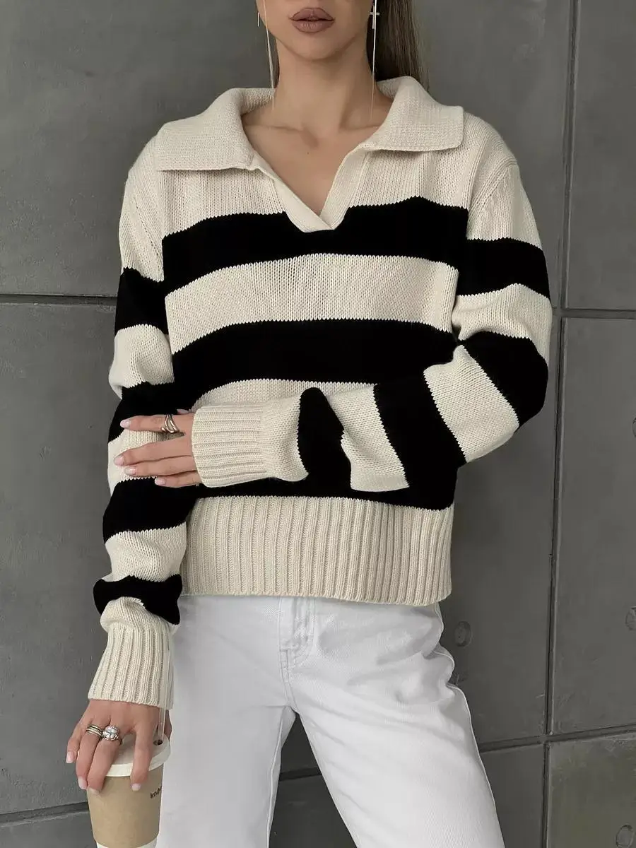 Pull en tricot ample pour femmes, pull à manches longues à rayures, à la mode, col rabattu, Vintage, Streetwear, automne hiver
