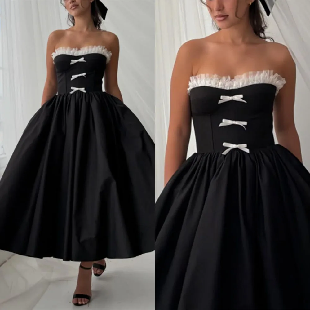 

Customized Sweetheart Ankle Length Black Bow Sleeveless Elegant Dress Women for Wedding Party Платье Корейский Стиль Ballkleider