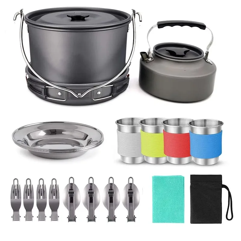 portable cooker, kettle, pan and cooker set for outdoor camping