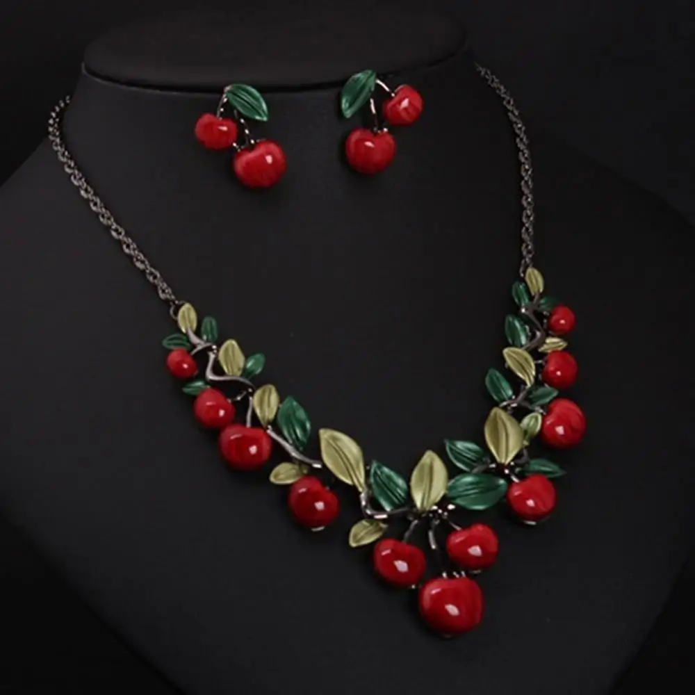 1 Set Vintage Red Cherry Fruit Jewelry Set Chic Bridal Necklace Earrings Jewelry Set