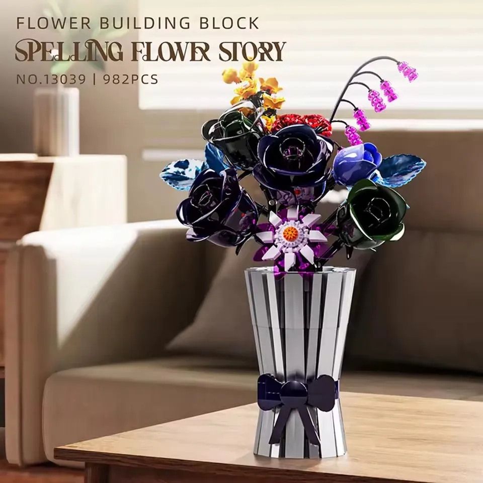 

Simulation Rose Orchid Building Blocks Assembly Desktop Ornament Toys DIY Flower Bouquet Bricks Gifts for Adults Girl Kawaii