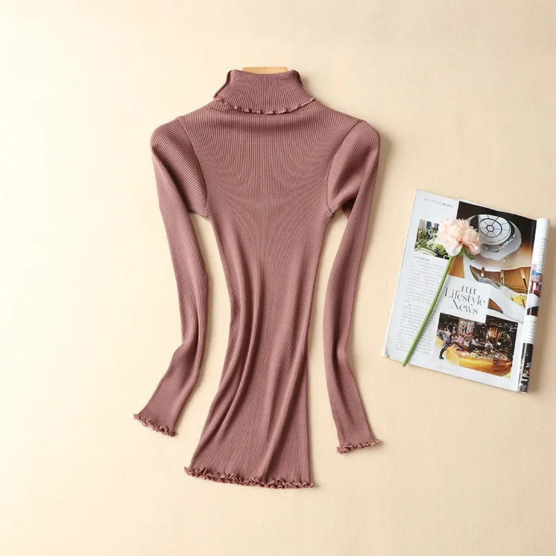 Women\'s Mulberry Silk Cotton Base Sweater High Elastic Slim Seamless Long-sleeved Knit Top Turtleneck 70% Silk +30% Cotton