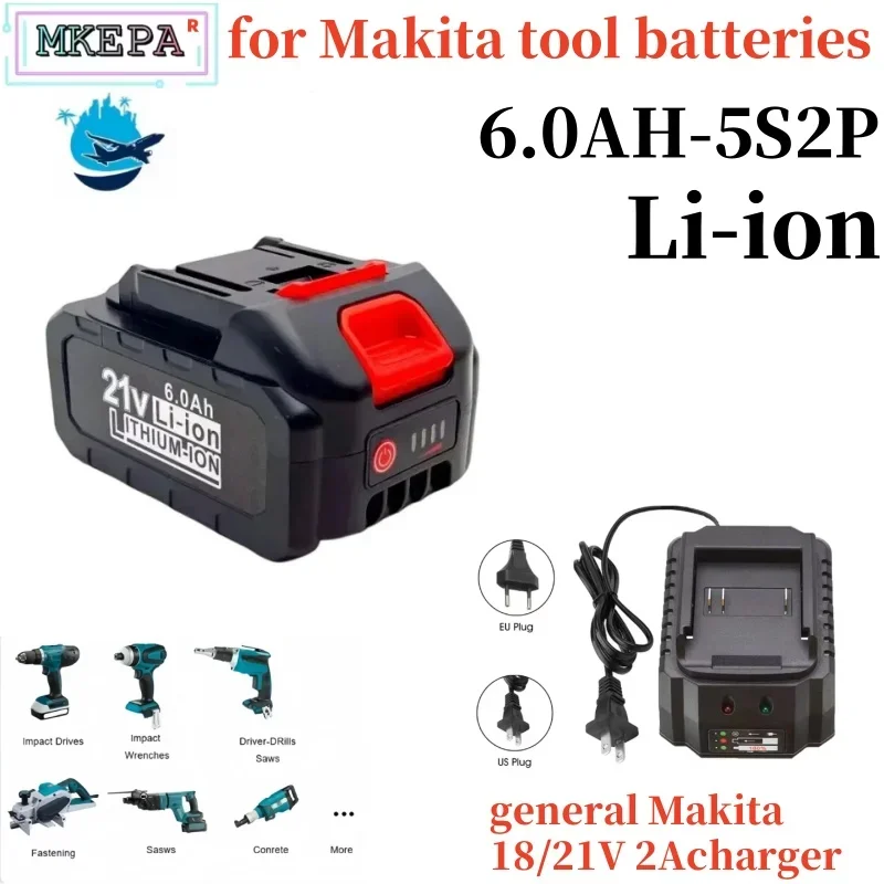Used for Makita 21V lithium-ion battery, 21V rechargeable lithium-ion power tool battery, chainsaw, impact wrench, 6000mAh, 5S2P