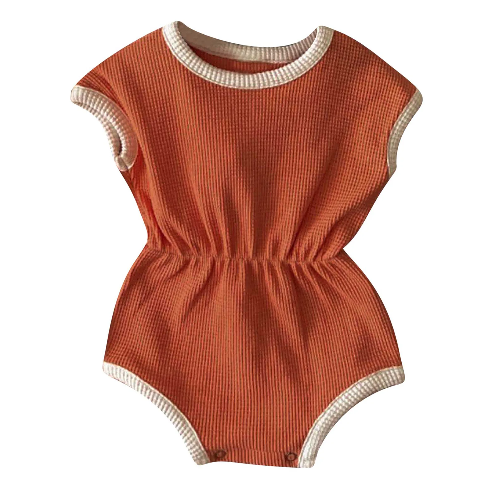 

Baby Unisex Girls Boys Waffle Bodysuit Round Collar Sleeveless Color Block Press Button Design Jumpsuit Romper Infant Outfit