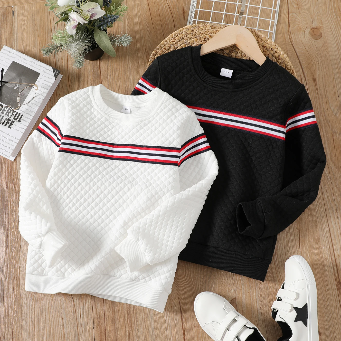 PatPat Kid Boy Preppy style Striped Webbing Textured Pullover Sweatshirt