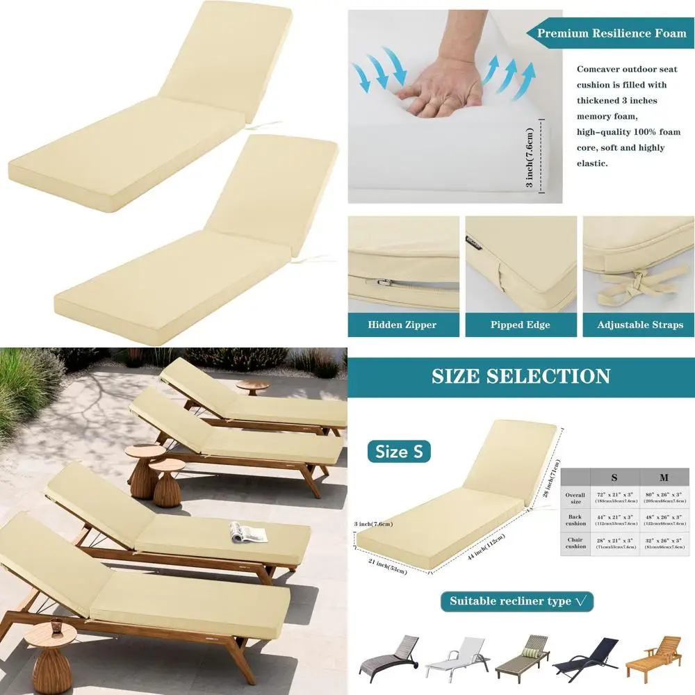 زوج من وسائد صالة تشيس خارجية مقاومة للطقس، بيج، 72x21x3 للفناء وحمام السباحة والمنتجع