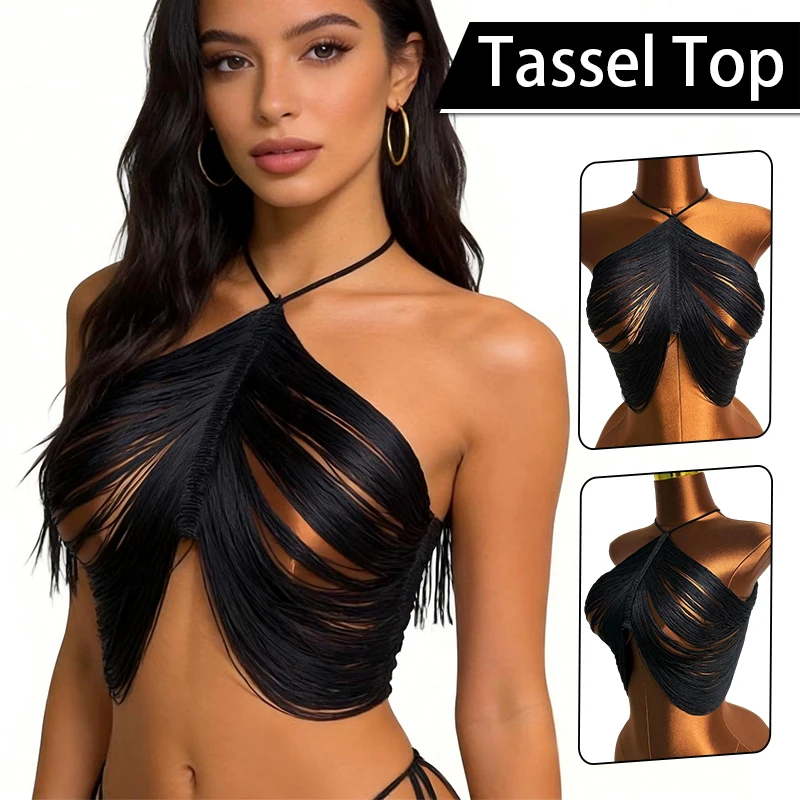 Fashion Women Tassel Decoration Crop Top Sexy Hollow Perspective Backless Bandage Halter Neck Tank Top Music Festival Camisole