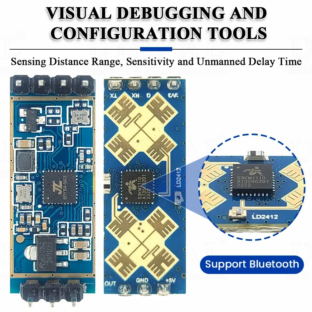 Ld2412 sensor de módulo de radar de detecção de presença humana 24ghz ism sensores de movimento corporal sensível à frequência 9m gpio uart saída 7pin