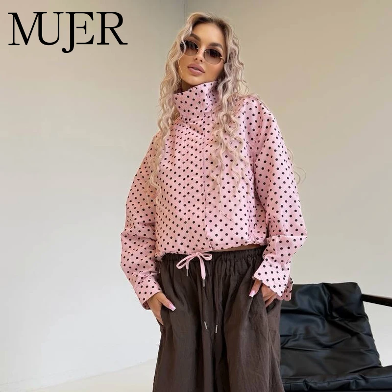 MUJER Polka Dot Women's Bomber Jacket Oversize Cropped Jacket Woman Zipper Varsity Jackets for Women Long Sleeve Overcoat Female
