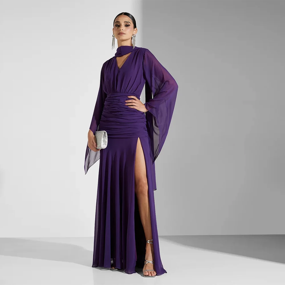 

Фиолетовое шифоновое вечернее платье-футляр для выпускного вечера длиной до пола Вечернее платье с длинными рукавами и V-образным вырезом с разрезом Саудовское платье с шалью
