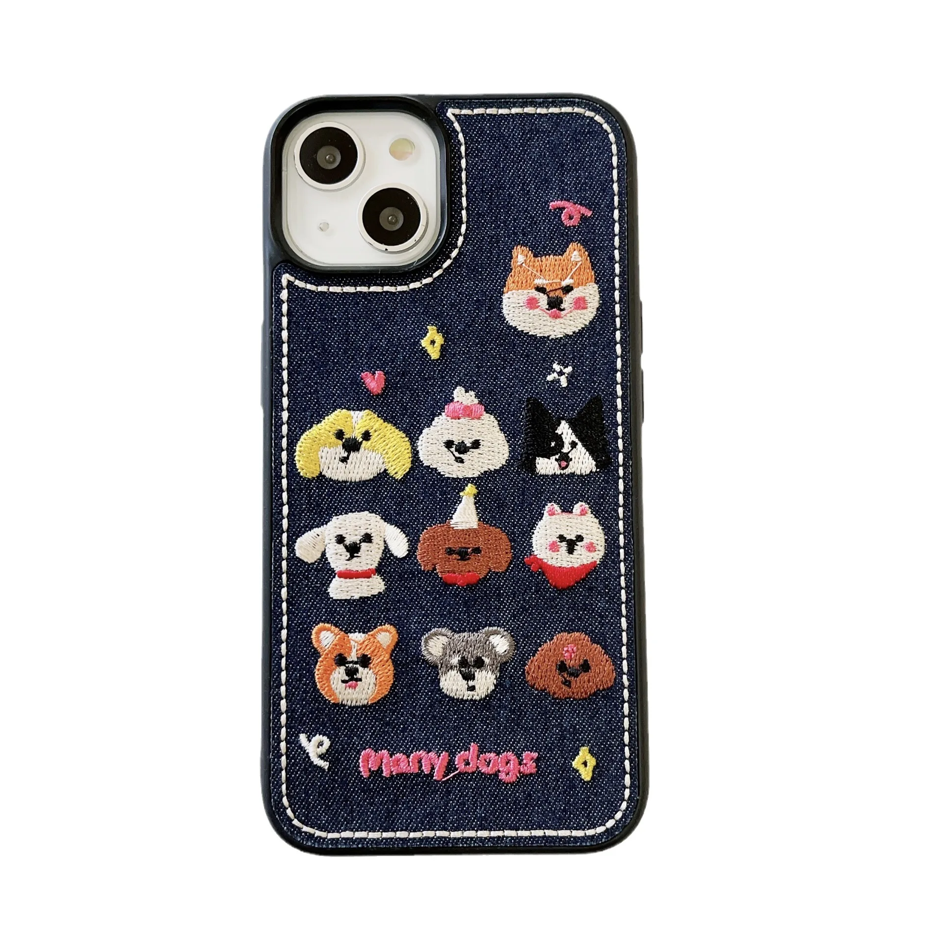 Embroidered Dogs Denim Phone Case For iPhone 15 14 13 12 Pro Max Full Cover