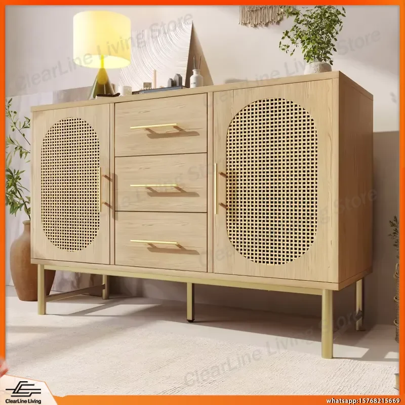 Rattan Sideboard Storage Cabinet 120x40x74cm with 2 Doors 3 Drawers Oak Buffet Cabinet for Living Room Bedroom Hallway