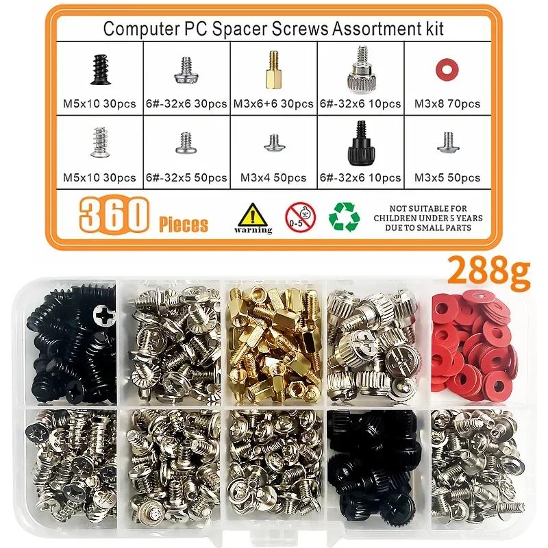 

228/280/300/332/360PCS M3 Computer Golden Motherboard Riser Silver Screws Red Washers Set Security Screws