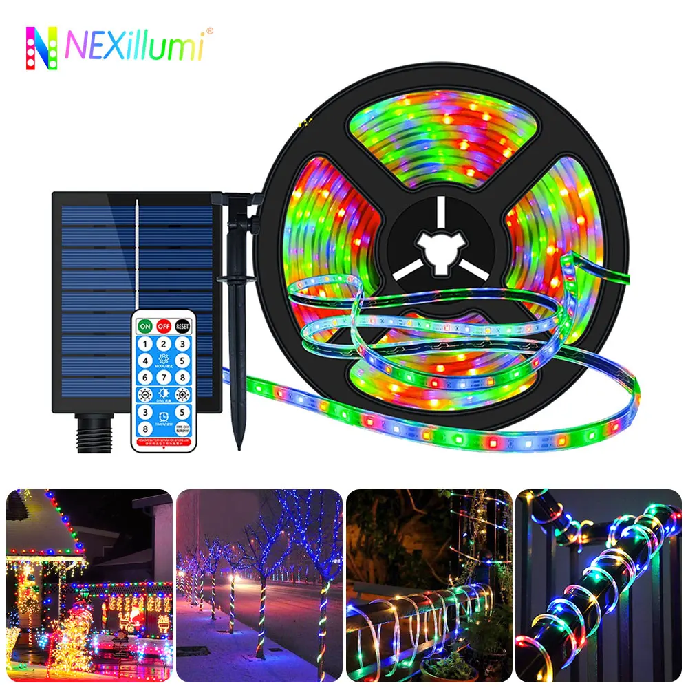 Solar Powered RGB cor mudando ao ar livre LED Strip Lights, 8 modos de iluminação, IP67 impermeável, Auto On, Off