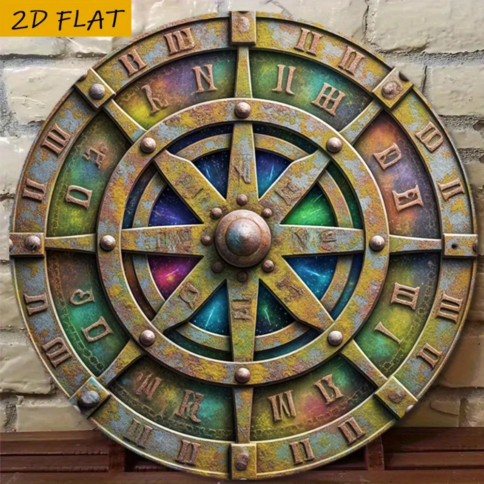 2D Metal Sign Vintage Compass Rose Art, Mechanical Style Metal Wall Decor for Man Cave Yard Garden 8x8in