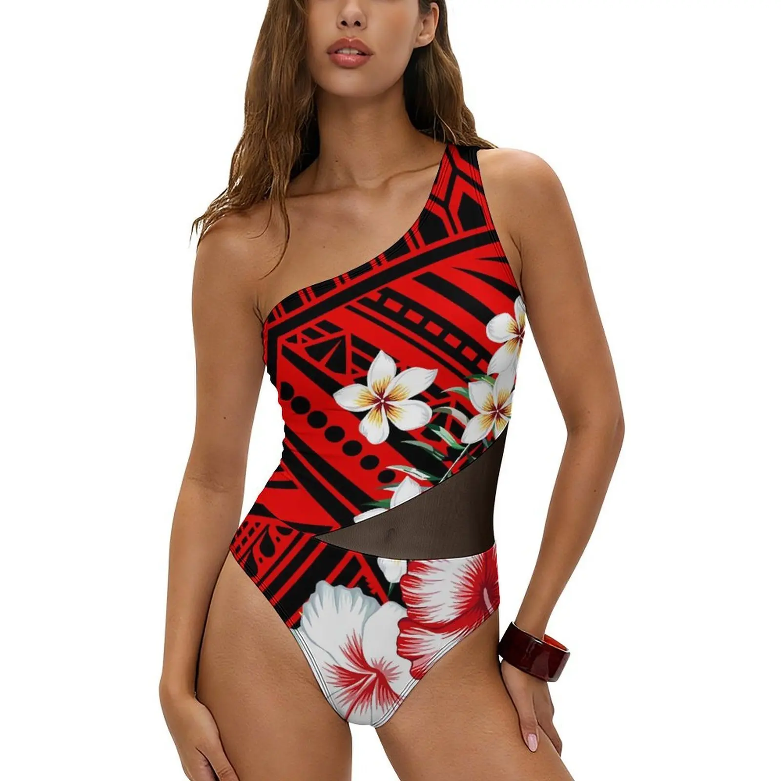 Customized Polynesian-Style Women'S Beach Essential Sexy Single-Shoulder Net-Sheer Tummy-Revealing One-Piece Swimming Suit