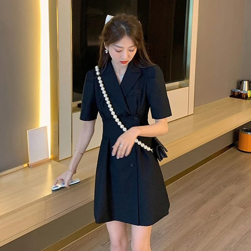 2026 Summer Women's Short Sleeve Blazer Dress Waist Tie Slim Fit Petite Length Solid Black Casual Elegant