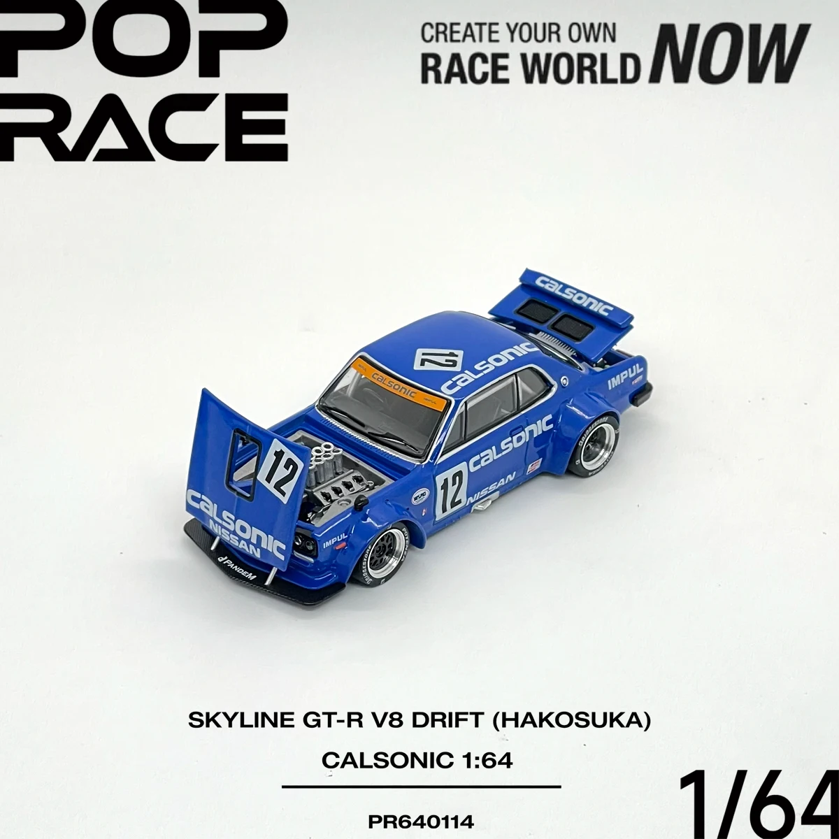 Pop Race 1:64 Skyline GT‑R V8 Drift Hakosuka Calsonic Open Hood & Trunk PR640114 Collectible Model Vehicles Alloy In Stock