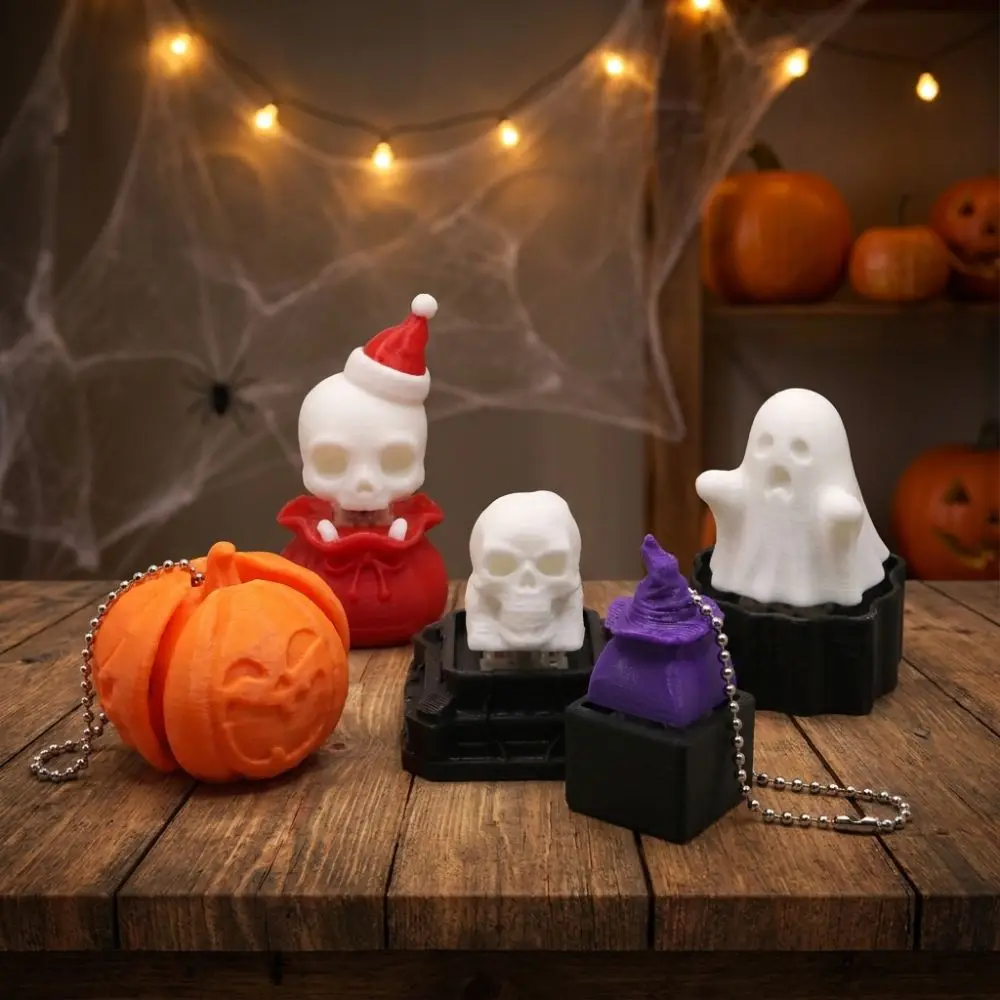 Novelty Halloween Pumpkin Keychain Gothic Style Click Sound Ghost Witch Hat Pendant Mechanical Click 3D Printed