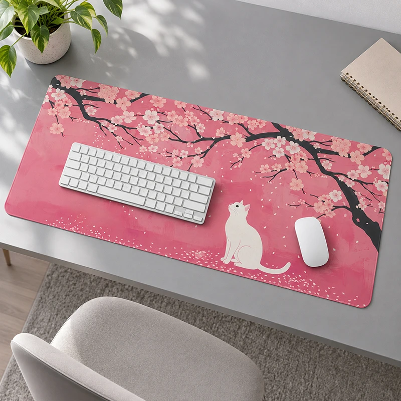 Mouse Pad Pink Cherry Blossom White Cat Gaming printon demand Large New Custom Mousepad XXL Non-Slip Desktop Mouse Pad