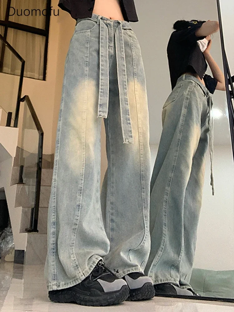 

Duomofu новые винтажные женские джинсы с высокой талией на шнуровке, летние уличные свободные прямые модные женские широкие брюки полной длины