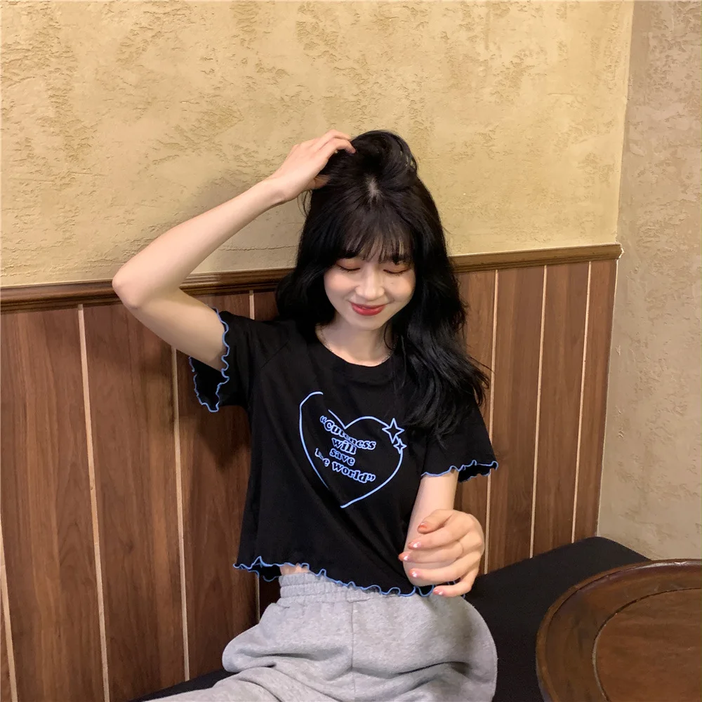 

2024 Summer Student Simple Printing Heart O-Neck T-Shirt Casual Female Tees Basic Solid Cool Short Slim Girls Tee Tops Clothes