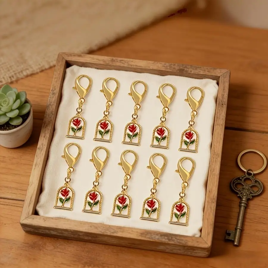 1/5/10/20/50/100pcs Vintage Window Cage Red Rose Enamel Key Charms, Glossy Gold-Plated with Deep Red Oil-Drop Roses. Roses Symbo