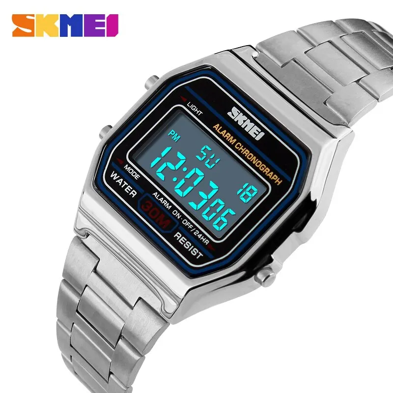 Skmei jam tangan Chrono Stainless Steel, arloji olahraga Digital tampilan lampu belakang 3Bar tahan air